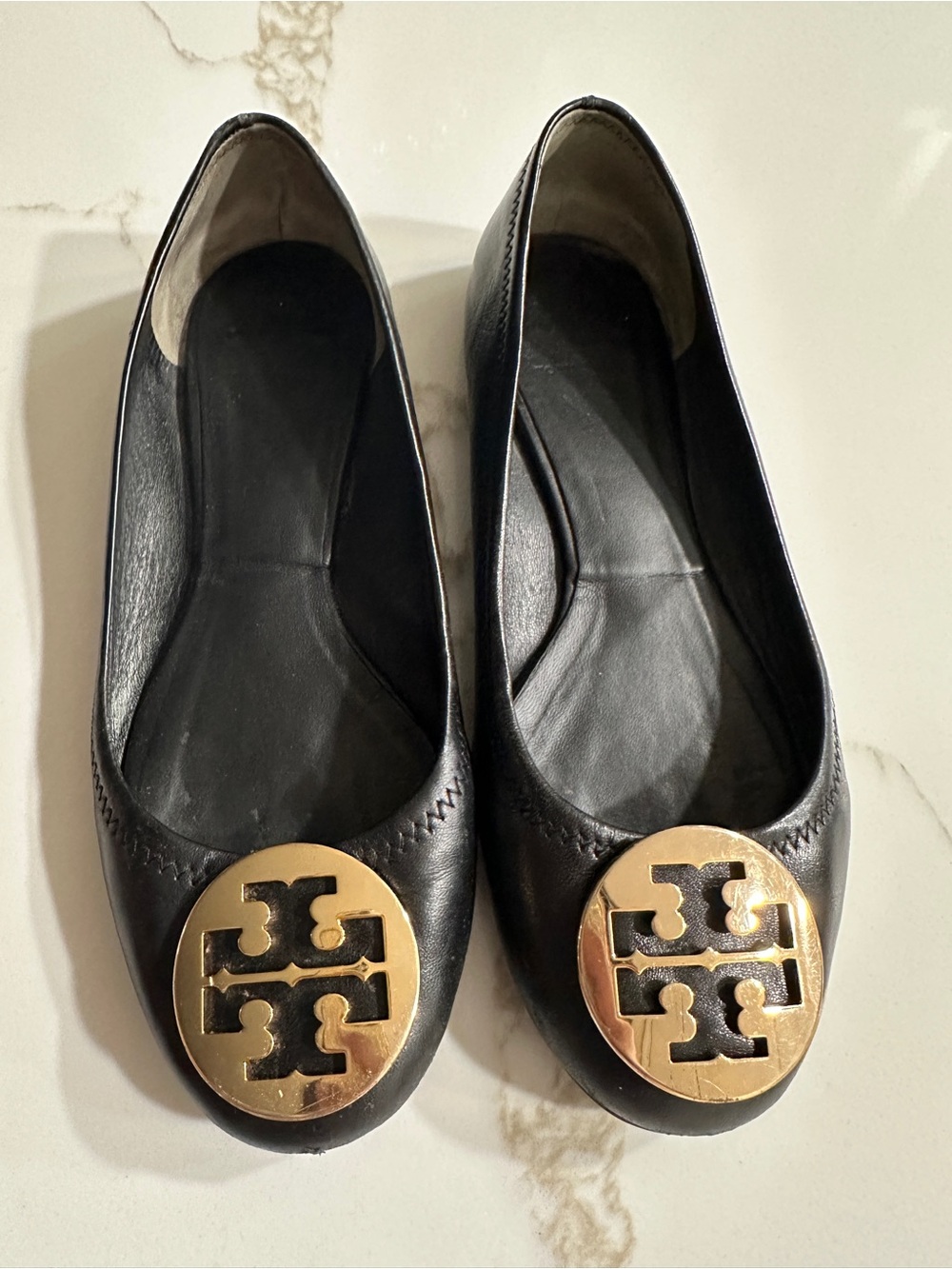 Tory Burch Black Leather Ballet Flats with Gold Logo Medallions